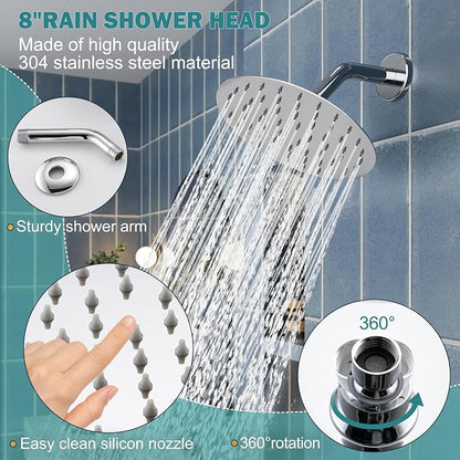 Tub Shower Faucet, Polished Chrome Shower Faucet Set with 8-Inch All-Metal Rainfall Showerhead and Bathtub Spout, Single-Handle Tub Shower-Trim Kit Included Valve, Polished Chrome