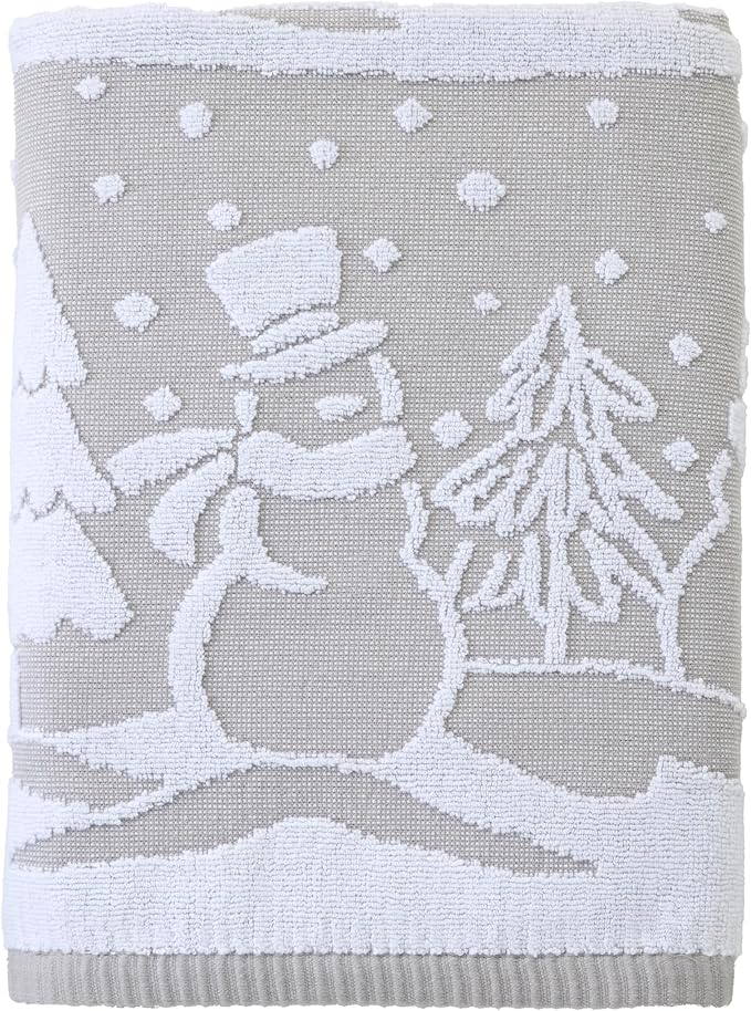SKL Home Christmas/Winter Scenic Snowmen Bath Towel, 100% Cotton, Gray | 500 GSM. Soft & absorbent. Textured jacquard pattern. Great for holiday gifting.