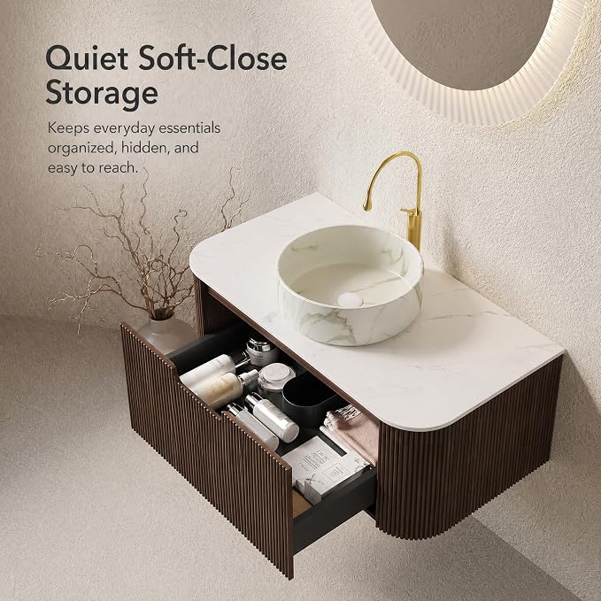 36 Inch Bathroom Vanity with Sink, Floating Wall Mounted Single Sink Vanity, Dark Walnut Curved Fluted Front, Stone Top, Marble-Look Round Vessel Basin, Pre-Assembled