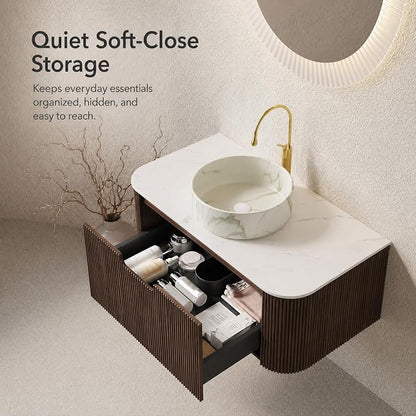 36 Inch Bathroom Vanity with Sink, Floating Wall Mounted Single Sink Vanity, Dark Walnut Curved Fluted Front, Stone Top, Marble-Look Round Vessel Basin, Pre-Assembled