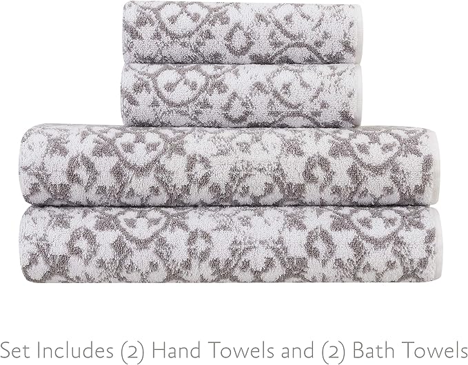 Jessica Simpson – Bath Towel 4 Piece Set, Aziza, Premium Bathroom Décor, Includes 2 Hand Towels and 2 Shower Towels, 100% Cotton & Machine Washable, Skyrocket Grey