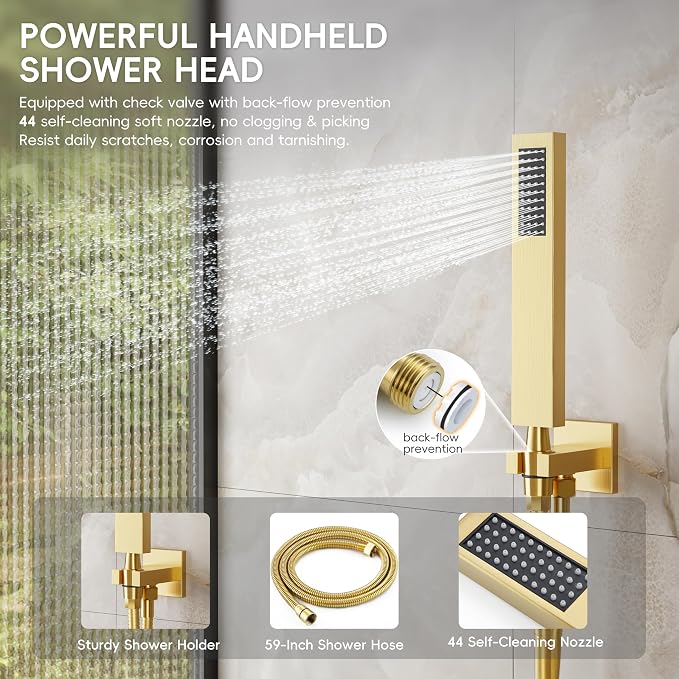Alesco Shower Faucet Set, Gold Shower System with 12-Inch High-Pressure Rainfall Showerheads and Handheld Spray combo, Showerfixture Include Valve and Trim Kit, Brushed Gold