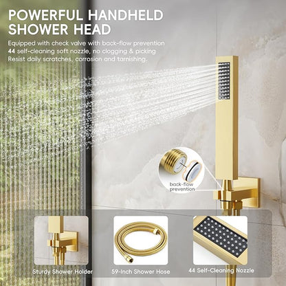 Alesco Shower Faucet Set, Gold Shower System with 12-Inch High-Pressure Rainfall Showerheads and Handheld Spray combo, Showerfixture Include Valve and Trim Kit, Brushed Gold