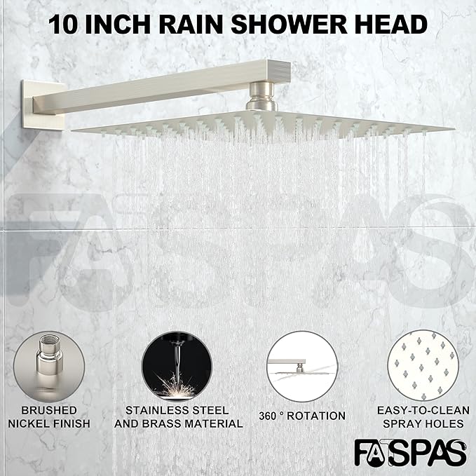 Shower System with Tub Spout, 10-Inch High-Pressure Rain Showerhead and Handheld Combo, Brushed Nickel Shower Faucet Set with Rough-in Valve and Trim Kit, Wall Mounted All-Metal Shower Set