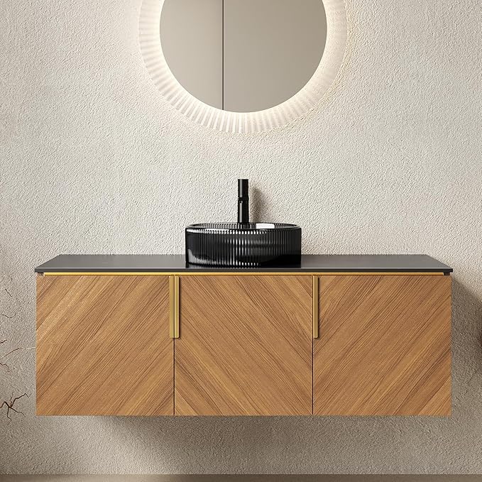 48 Inch Bathroom Vanity with Single Sink, Floating Bathroom Vanity with Vessel Sink, Modern Bathroom Vanity Cabinet with 3 Doors, Sintered Stone Countertop and Glass Basin,Brown Oak