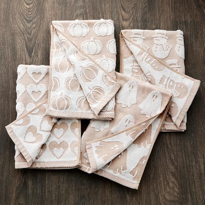 SKL Home Christmas/Winter Holiday Hand Towel Gift Set-4pc, Jacquard, Tan | 100% Cotton. Soft & reversible. For seasonal use in the bathroom, kitchen or bar for Valentine's Day/Halloween/Fall/Winter.