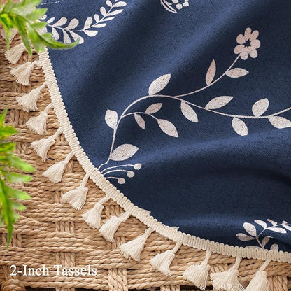 Vintage Boho Blue Shower Curtain, Floral Linen Patterned Shower Curtains for Bathroom with Tassels, 72 x 72