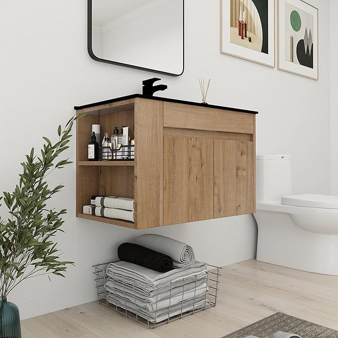 Bathroom Vanity with Sink 30 Inch, Modern Bathroom Vanities Set, Single Bathroom Vanity Set with Top Basin and Storage Cabinet, Soft Close Doo(IMO, 30 * 18)