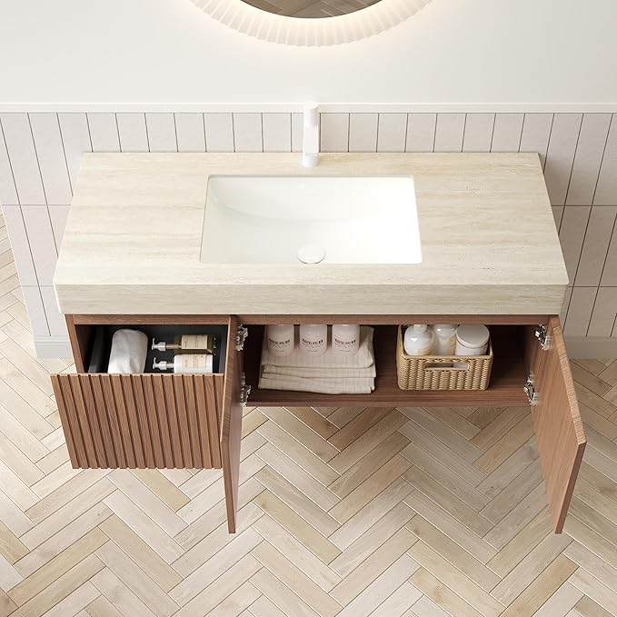 LKTART Floating 48 Inch Bathroom Vanity with Sink, Modern Plywood Wall Mounted Bathroom Storage Cabinet with 2 Doors and 1 Drawer, Roma Travertine-Pattern Sintered Stone Countertop and Ceramic Basins