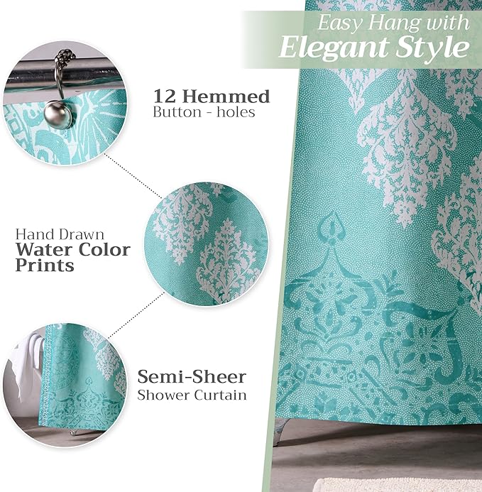Maison d' Hermine Shower Curtain 100% Cotton One Panel 70"x72" Washable Fabric Shower Curtains for Bathroom, Easy Hanging with 12 Button Holes - Home Spa Easter Gifts (Versailles - Turquoise)