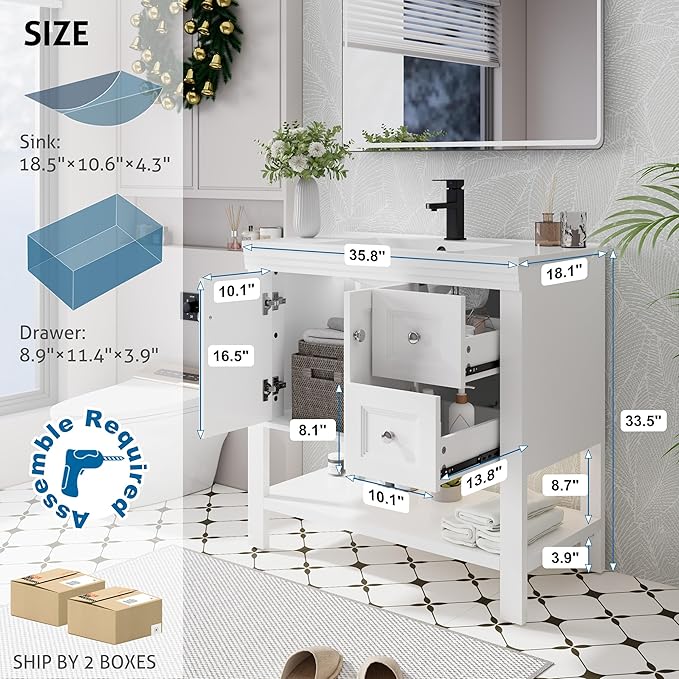 eclife 36" Bathroom Vanity with Sink Combo, Modern Painted Vanities Cabinet w/Wide Opening Storage Shelf, 2 Drawers, Soft Closing Doors and Undermount White Sink Faucet Drain, White