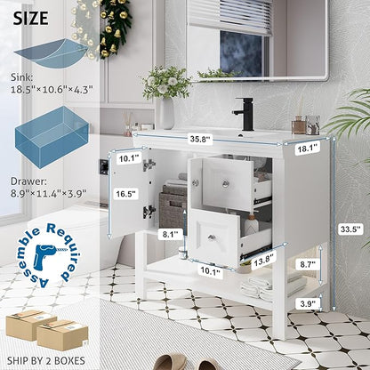 eclife 36" Bathroom Vanity with Sink Combo, Modern Painted Vanities Cabinet w/Wide Opening Storage Shelf, 2 Drawers, Soft Closing Doors and Undermount White Sink Faucet Drain, White