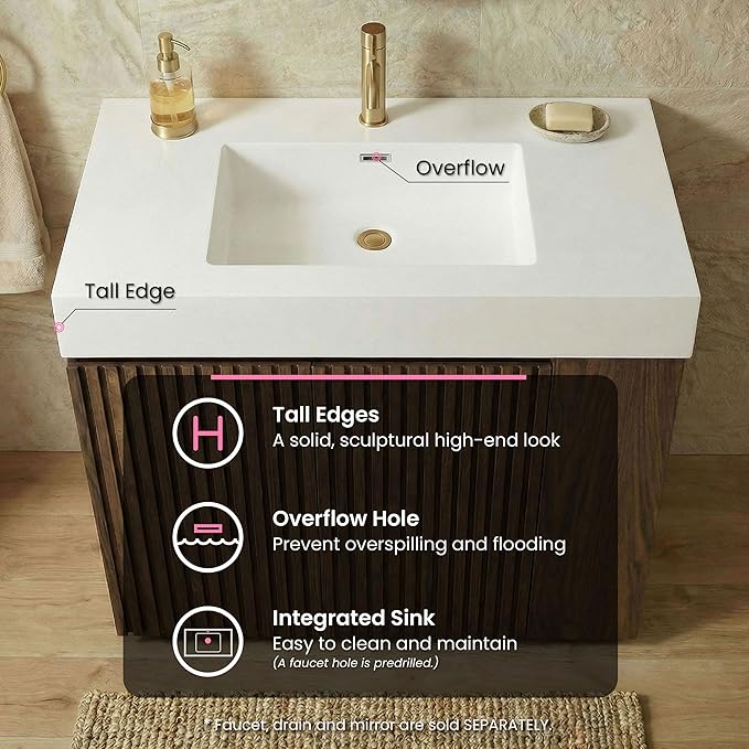 36" Bathroom Vanity with Sink Combo, Mid Century Modern Bathroom Cabinet with Doors & Open Shelf, Glossy White Integrated Sink with Overflow, Brown Walnut