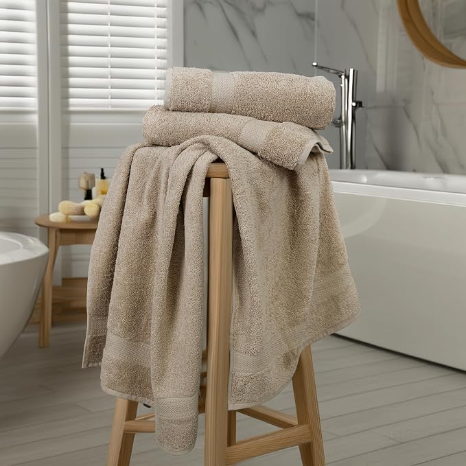 Large Bath Towels Set of 6 – 100% Cotton Terry – 24" x 50" – Quick Dry, Soft & Highly Absorbent – Beige Towels for Bathroom, Gym, Spa, Pool & Daily Use