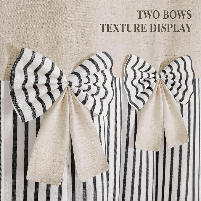 Farmhouse Shower Curtain Linen Bow Pleated Black Stripe 72"W x 72"L | Farmhouse Style, Chic Bow, Striped, Linen Fabric, Rustic, Country, Natural Look, Washable, for Bathroom Bathtub