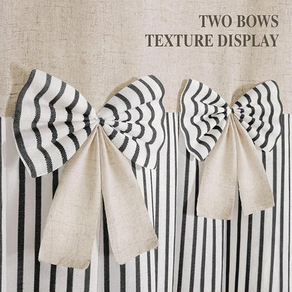 Farmhouse Shower Curtain Linen Bow Pleated Black Stripe 72"W x 72"L | Farmhouse Style, Chic Bow, Striped, Linen Fabric, Rustic, Country, Natural Look, Washable, for Bathroom Bathtub