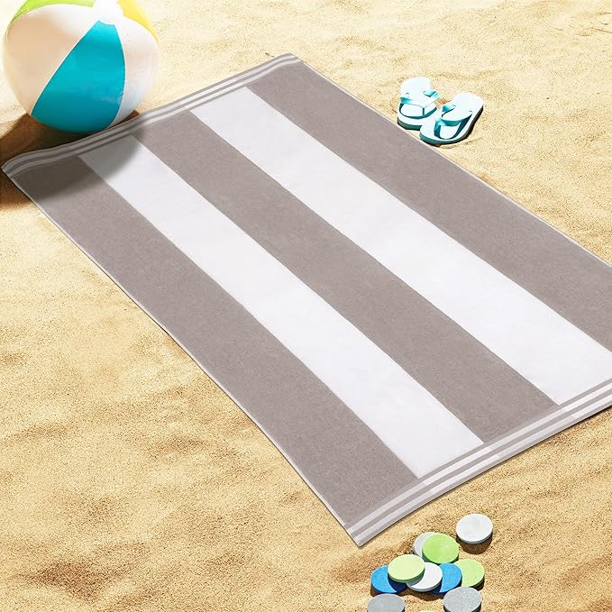 Superior Cotton Nautical Stripe Beach Towels, Colorful Towels for Adult, Kid, Pool, Swimming, Sand, Travel, Large Oversized, Absorbent, Fast Drying, Bath Basics, Cabana Collection, 1 Piece, Light Grey