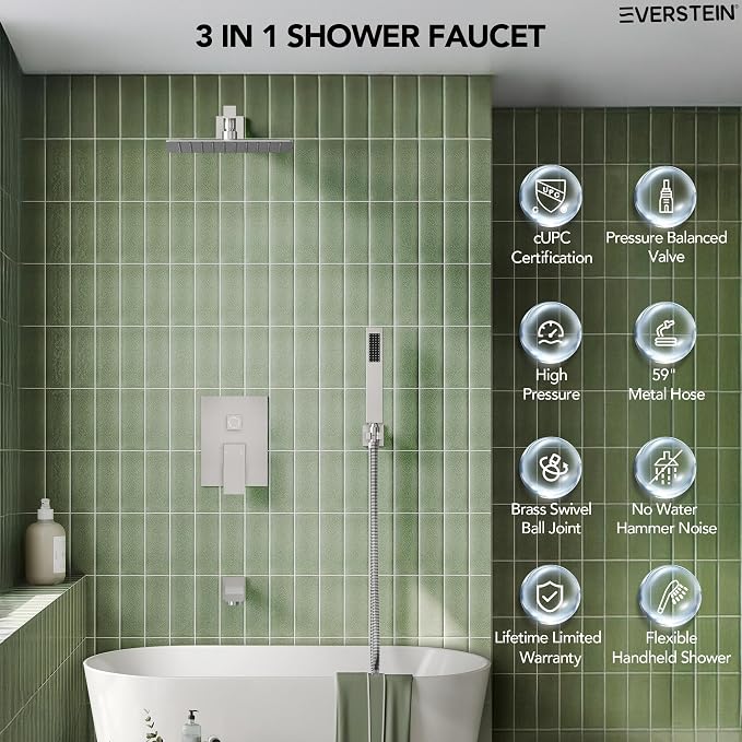 Shower Tub Faucet Set, 10" Bathroom Rainfall Shower Head Fixtures Combo with Handheld Spray and Tub Spout, Brushed Nickel (Valve Included)