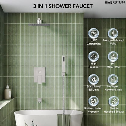 Shower Tub Faucet Set, 10" Bathroom Rainfall Shower Head Fixtures Combo with Handheld Spray and Tub Spout, Brushed Nickel (Valve Included)