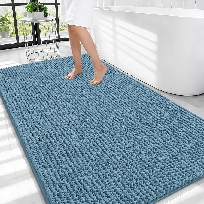 OLANLY Thick Chenille Large Bathroom Rugs Mats 44x32, Airy Blue | Soft Absorbent Bath Rugs, Rubber Backing, Machine Wash Dry, Bath Mats for Bathroom, Tub and Shower, Home Decor Accessories
