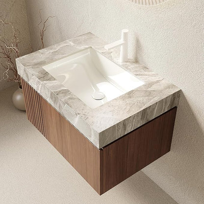 KEIKI 30 Inch Floating Bathroom Vanity with Sink, Modern Wall Mounted Storage Cabinet with Drawer, Pre-Assembled Waterproof Wood Panels, Sintered Stone Top & Ceramic Basin Combo Set, Brown Oak & Grey