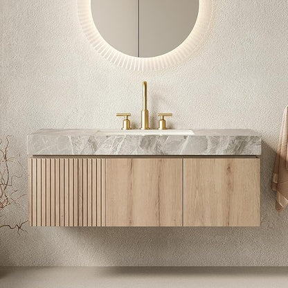 48” Floating Bathroom Vanity with Sink, Wall-Mounted Cabinet with Drawer & Doors, Gray Travertine-Pattern Sintered Stone Top, Undermount Basin, 3 Faucet Hole, Soft-Close, Pre-Assembled, Light Oak