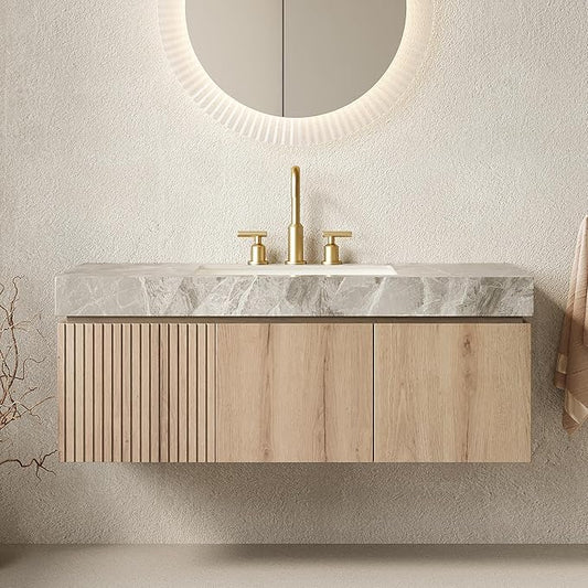 48” Floating Bathroom Vanity with Sink, Wall-Mounted Cabinet with Drawer & Doors, Gray Travertine-Pattern Sintered Stone Top, Undermount Basin, 3 Faucet Hole, Soft-Close, Pre-Assembled, Light Oak