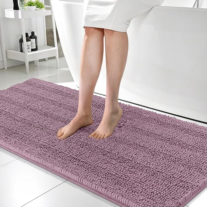 OLANLY Thick Bathroom Runner Rugs 59x24, Soft Chenille Bath Rugs, Deep Plum | Absorbent Striped, Rubber Backing, Machine Wash, Long Bath Mats for Bathroom Floor, Tub and Shower, Home Decor Accessories