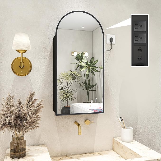 FKWin Medicine Cabinet Mirror with Power Outlet, Surface Mount, 16x32 Inch | Built-in Power Outlet, Adjustable Bathroom Storage, Reversible Left or Right Door, Surface Mount Design, Black