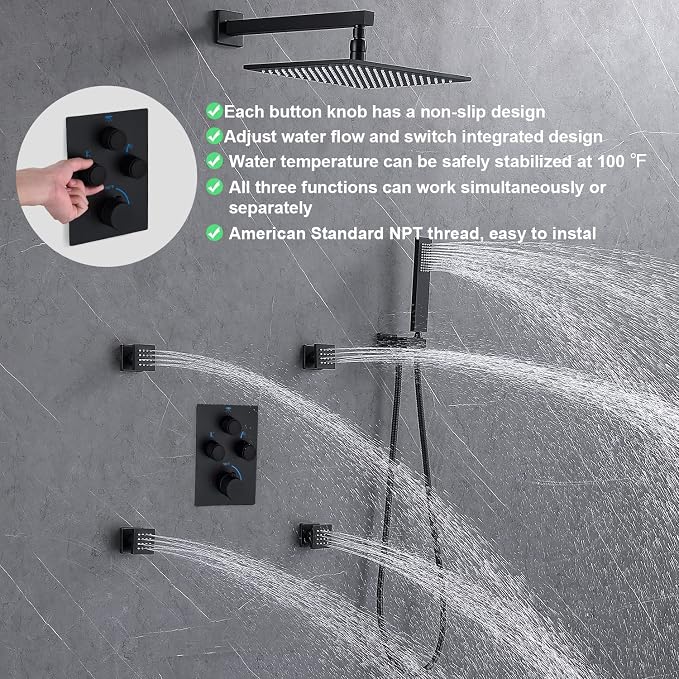 Rain Shower System,12 Inch Wall Mounted Rain Shower Head with Body Jets and Handheld Shower, Push Button Thermostatic Shower Faucet Set, Can Use all Options at a Time, Matte Black