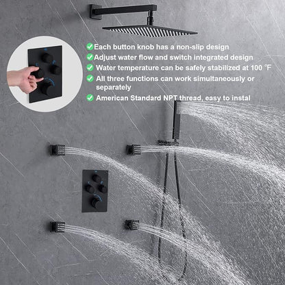 Rain Shower System,12 Inch Wall Mounted Rain Shower Head with Body Jets and Handheld Shower, Push Button Thermostatic Shower Faucet Set, Can Use all Options at a Time, Matte Black