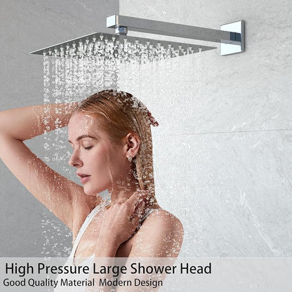 Rain Shower Faucet Set 12 Inch Shower Head High Pressure Shower System with Handheld Spray Rough-in Valve and Trim Kit for Bathroom,Chrome Polished | Air Injection High Pressure Bathroom Shower System, Solid Metal Wall Mount Anti-Scald Water Saving Rai...
