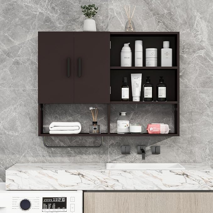 Bathroom Wall Cabinet, Medicine Cabinet with Towel Bar & 2 Doors, Espresso