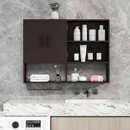Bathroom Wall Cabinet, Medicine Cabinet with Towel Bar & 2 Doors, Espresso
