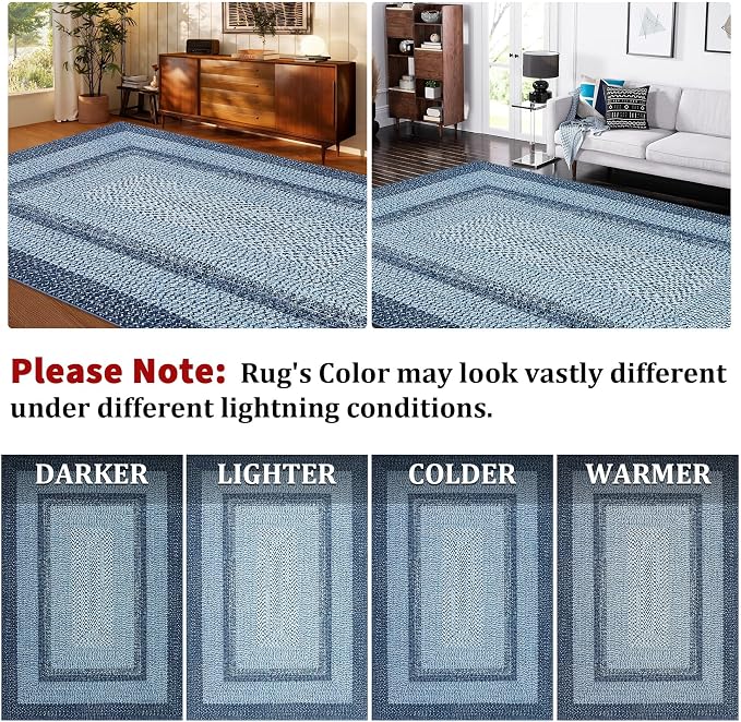 Washable Area Rugs 9x12 Living Room Modern Rugs for Bedroom Blue Rug Imitation Braided Soft Large Area Rug Non Slip Throw Rugs Stain Resistant Carpet for Nursery Dining Room 9'x12' Blue