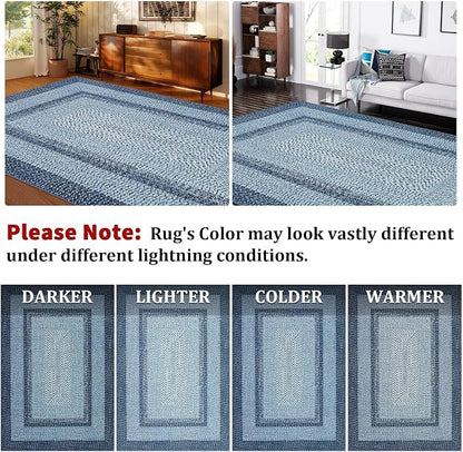 Washable Area Rugs 4x6 Rug for Living Room Indoor Mats for Entryway Soft Bedroom Rug Non Slip Modern Braided Print Area Rug Farmhouse Throw Rugs Low Pile Stain Resistant Carpet 4'x6' Blue