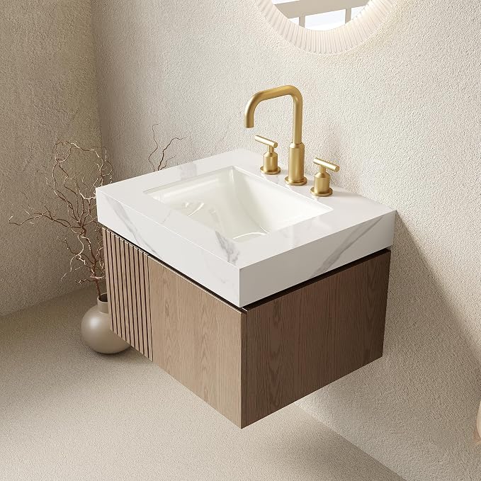 KEIKI 24 Inch Floating Bathroom Vanity with Sink, Light Brown & White | Modern Wall Mounted Storage Cabinet with 2 Doors, Pre-assembled Wood Panels, Sintered Stone Top & Ceramic Basin Combo Set