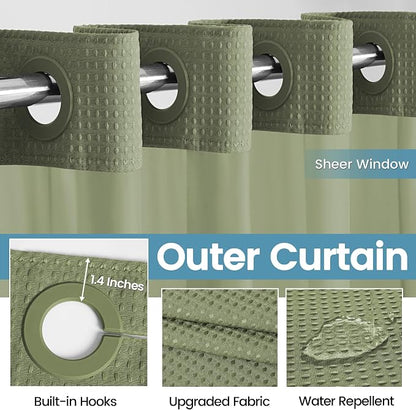 EUTXL Heavyweight Sage Green Hotel Shower Curtain - 256GSM Waffle Textured Heavy Duty Thick Fabric Shower Curtains for Bathroom,71W x 74H