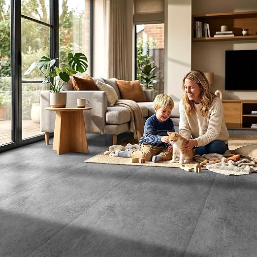 DEXDE Peel and Stick Floor Tile Dark Gray Waterproof Marble, 2FTx2FT 20 PC | Waterproof Self-adhesive Vinyl Tiles 80 Sq.Ft (20 Large 24x24 Pack), Vinyl Flooring for Bathroom Kitchen DIY Upgrades