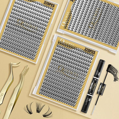 QUEWEL Lash Clusters 320Pcs 40D D Curl Lash Cluster Eyelash Extensions | Cluster Lashes Mix12-18mm Individual Eyelashes Clusters Wispy Lash Clusters Thin Band Soft to Use at Home(40D D Mix12-18)