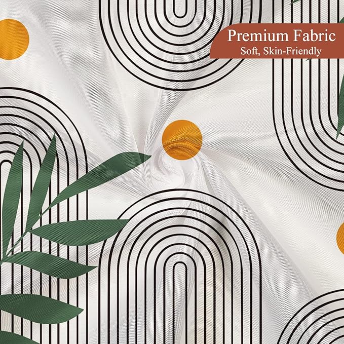 Boho Mid Century Shower Curtain Abstract Arch Geometric Sun Curve Rainbow Tropical Leaves Minimalist Shower Curtain Aesthetic Beige Bathroom Decor Fabric Curtains Set 72x84 inch
