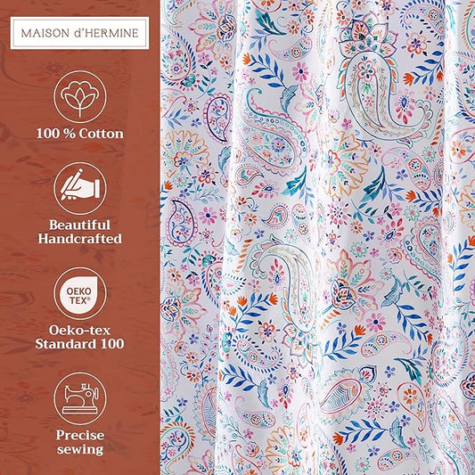 Maison d' Hermine Shower Curtain 100% Cotton One Panel 70"x72" Washable Fabric Shower Curtains for Bathroom, Easy Hanging with 12 Button Holes - Home Hotel Spa Easter Gifts (Indian Floral)