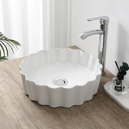 JONATHAN Y SNK1005A 15" Round Bathroom Vessel Sink, Art Deco Scallop Above Counter Vanity Sink, White Ceramic Basin for Modern Powder Room and Lavatory