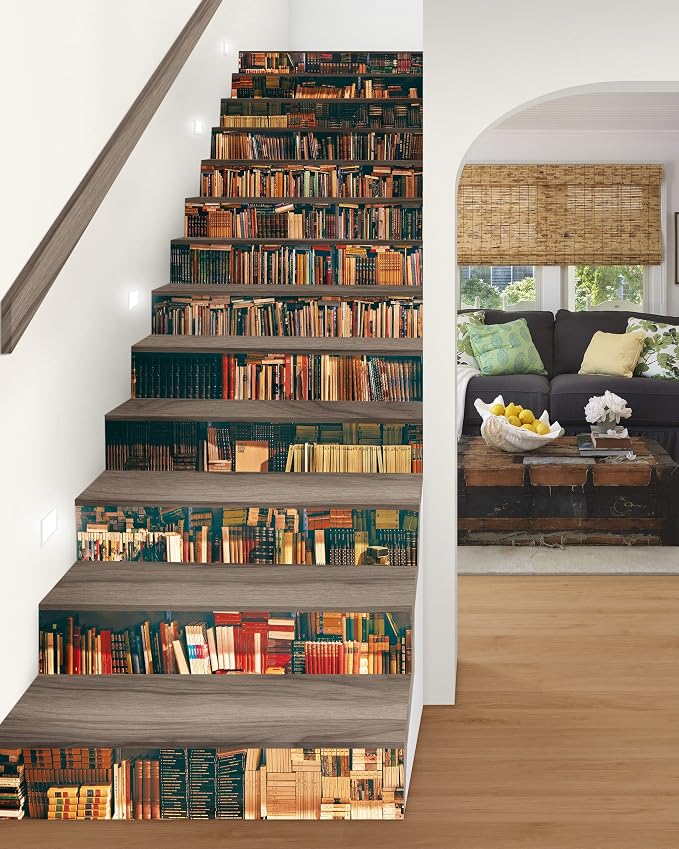 FLFK Bookshelf Stair Stickers - Set of 15, Peel and Stick Stair Riser Decals, 39.3"x7.08"