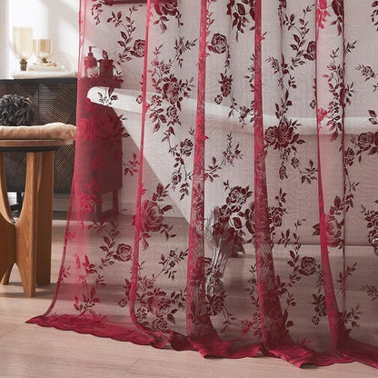 Burgundy Lace Shower Curtain for Bathroom Vintage Maroon Floral Shower Curtain with Attached Valance, Decorative Romantic Victorian Lace Bath Curtains Luxury Wine Bathroom Decor, 36 x 72 Inch, 1 Panel