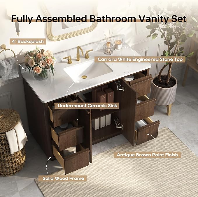 48" Fully Assembled Bathroom Vanity with Sink, Dark Brown | Solid Wood Frame Vanity with Engineered Stone Top & Backsplash, Ceramic Sink, 6 Full-Extension Drawers & 2 Soft-Close Doors