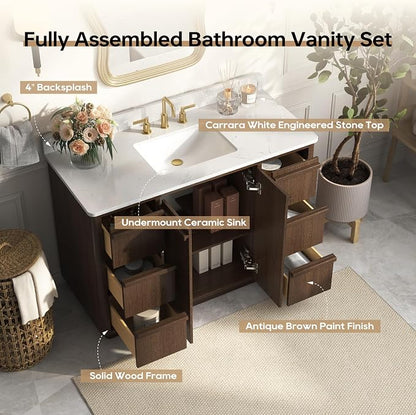 48" Fully Assembled Bathroom Vanity with Sink, Dark Brown | Solid Wood Frame Vanity with Engineered Stone Top & Backsplash, Ceramic Sink, 6 Full-Extension Drawers & 2 Soft-Close Doors