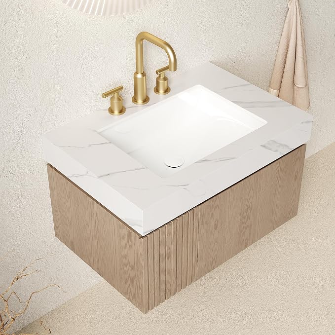 KEIKI 30 Inch Floating Bathroom Vanity with Sink, Light Brown & White | Modern Wall Mounted Storage Cabinet w/ Drawer & Door, Pre-assembled Wood Panels, Sintered Stone Top & Ceramic Basin Combo Set