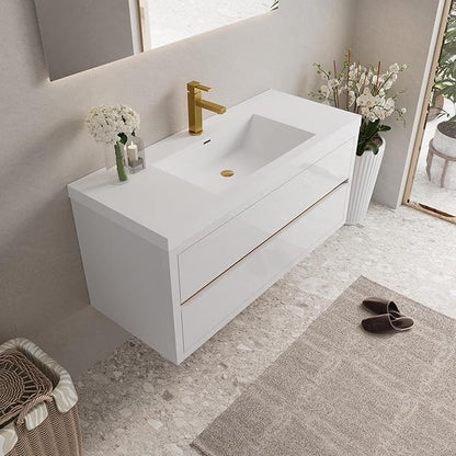 Abruzzo 48" Glossy White Wall-Mounted Bathroom Vanity with Sink – Stone Resin Countertop & Soft-Close Drawers, Waterproof Wood Cabinet for Small Bathrooms