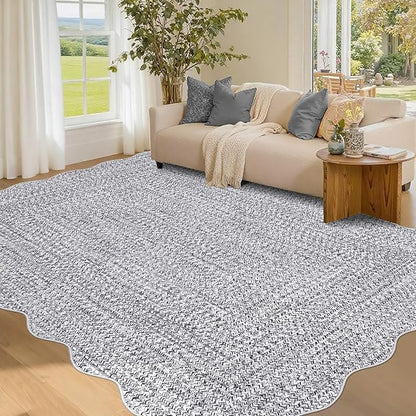 Imitation Braided Collection-Print Scalloped Area Rug 5x7 Washable Rug with Non Slip Rubber Backing Non Shedding Farmhouse Floor Cover, Ultra-Thin Foldable Carpet for Bedroom, Living Room